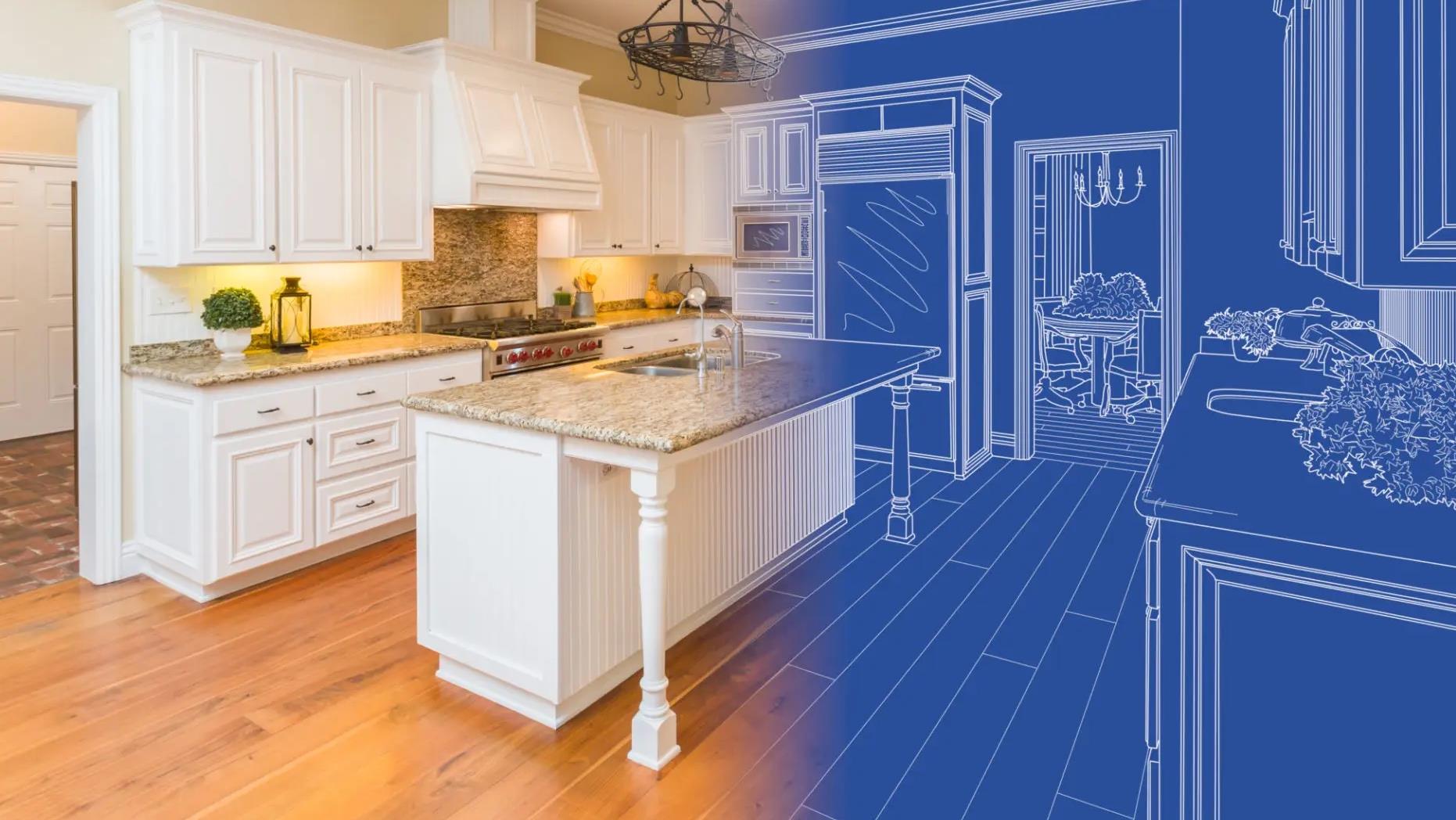 Kitchen design blending finished interior with architectural planning, representing Aria Collective Design's system design process