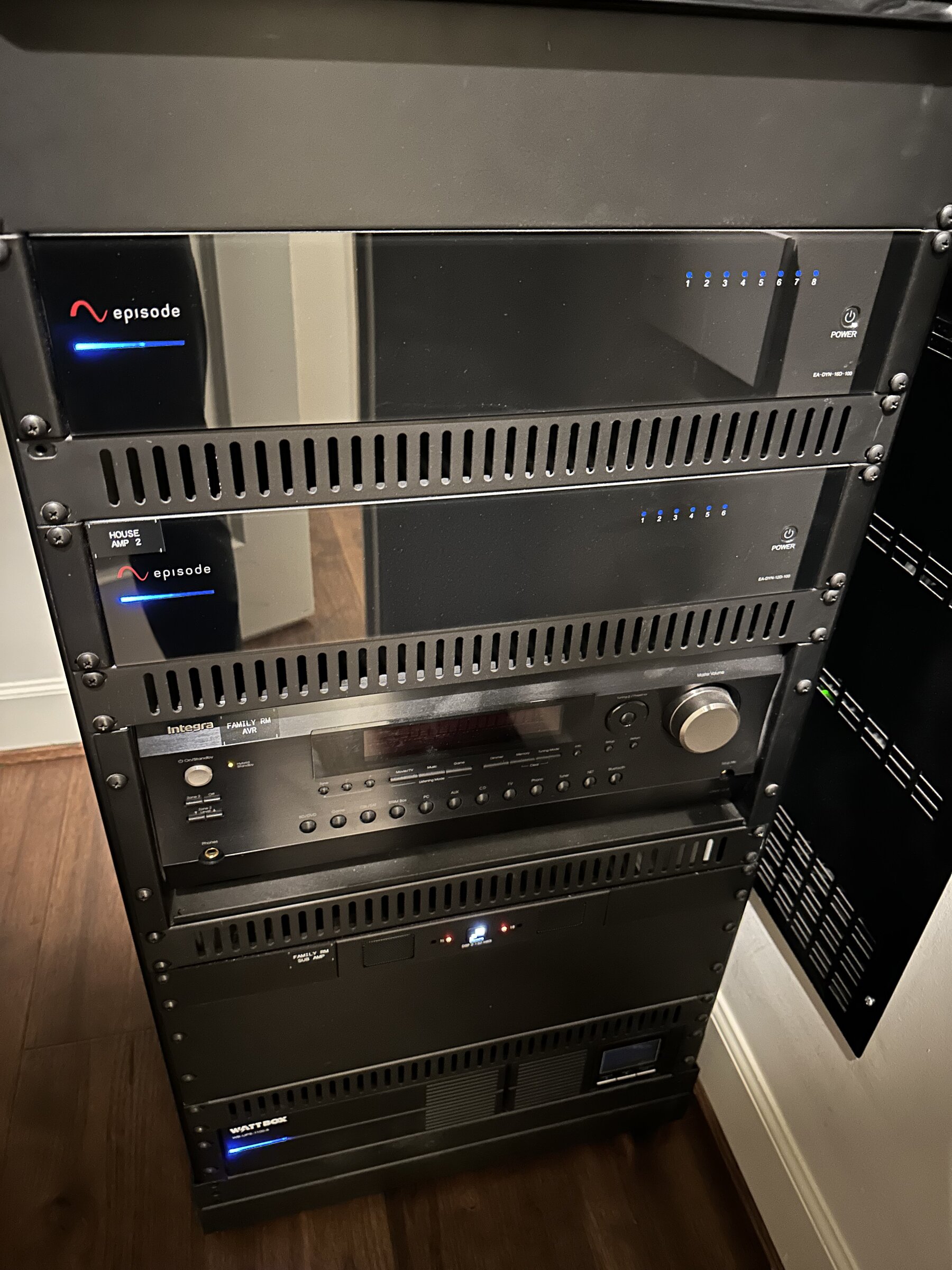 Rack-mounted amplifiers and receiver, cleanly installed and labeled