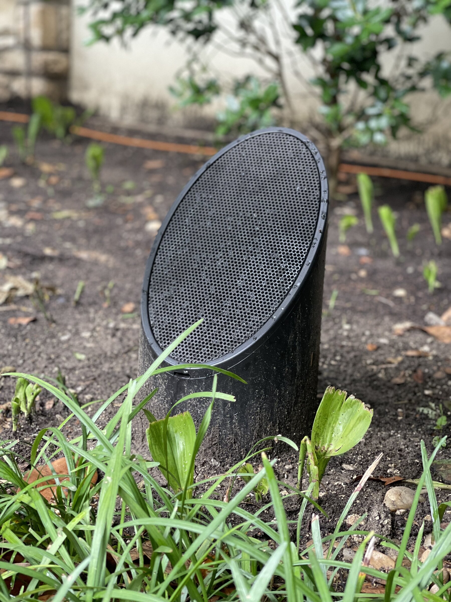 Discreet outdoor landscape speaker along a garden path